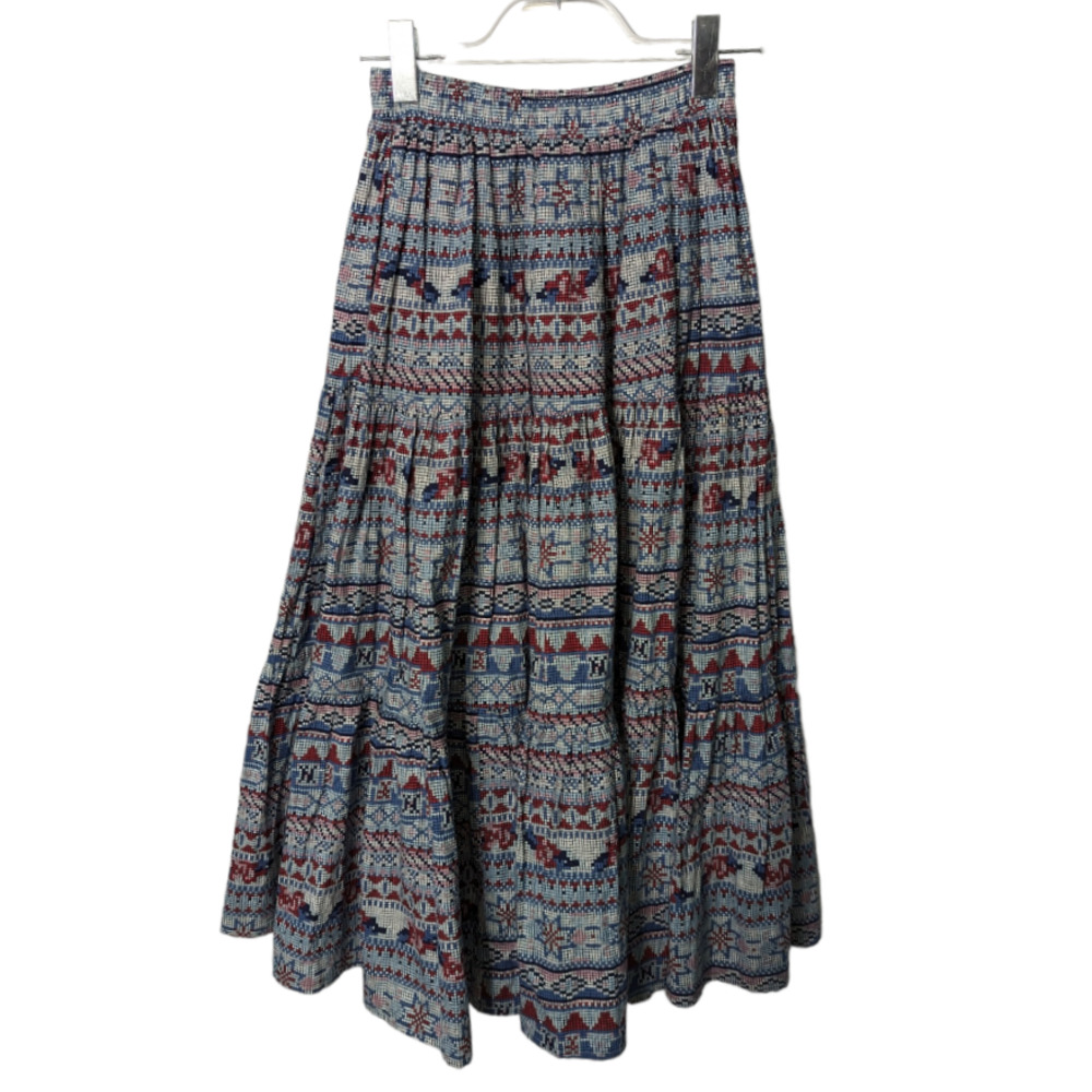 Vintage 80's KWBL Los Angeles Maxi Skirt Tiered Full Pixelated Folk Art Print M